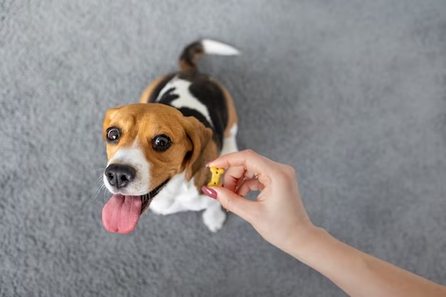a dog looking up at a person's hand a dog looking up at a person's hand