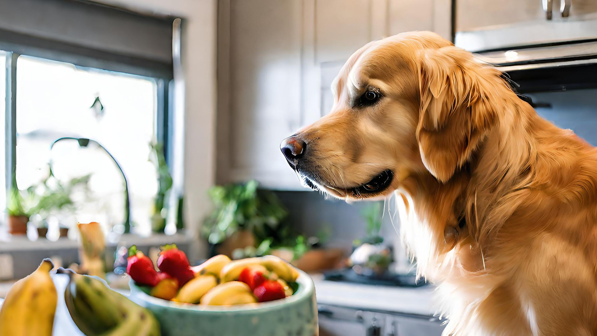 a dog sitting in a kitchen with a bowl of fruit